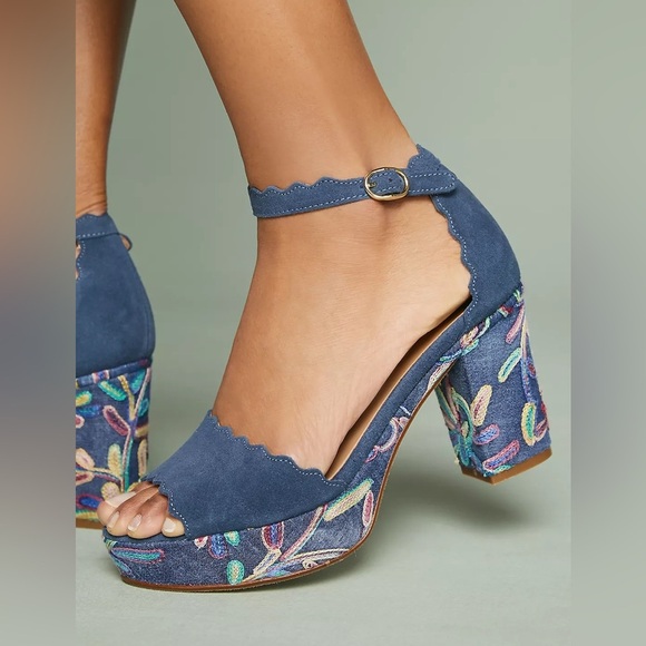 Anthropologie Platform Sandal Heel Womens 9 Ankle Strap Suede Floral Boho Blue - Picture 1 of 11